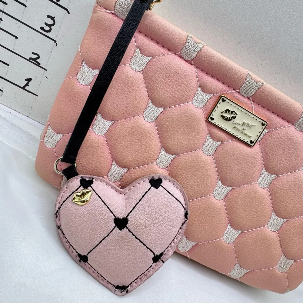 Betsey Johnson Love Betsey Pink Cat Quilted Clutch with Heart‎ Charm